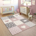 Kids Rug Pastel Colors Checked Dots Hearts Stars White Grey Pink, Size: 311 x 57