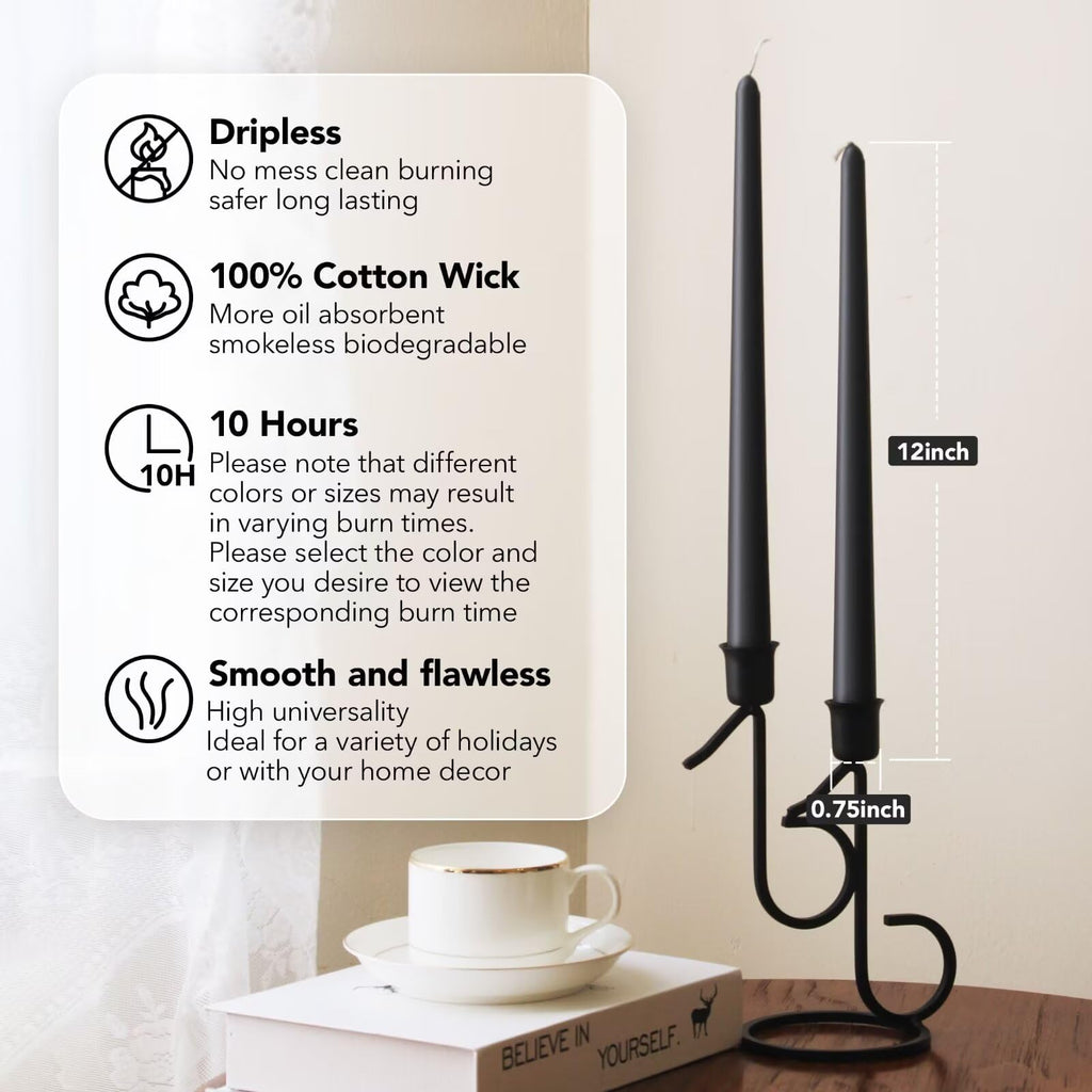 Pickood 12-Inch Tall Dripless Taper Candles Set Of 4 - Black Tapered Candles, Perfect For Halloween - Smokeless, Unscented, Long