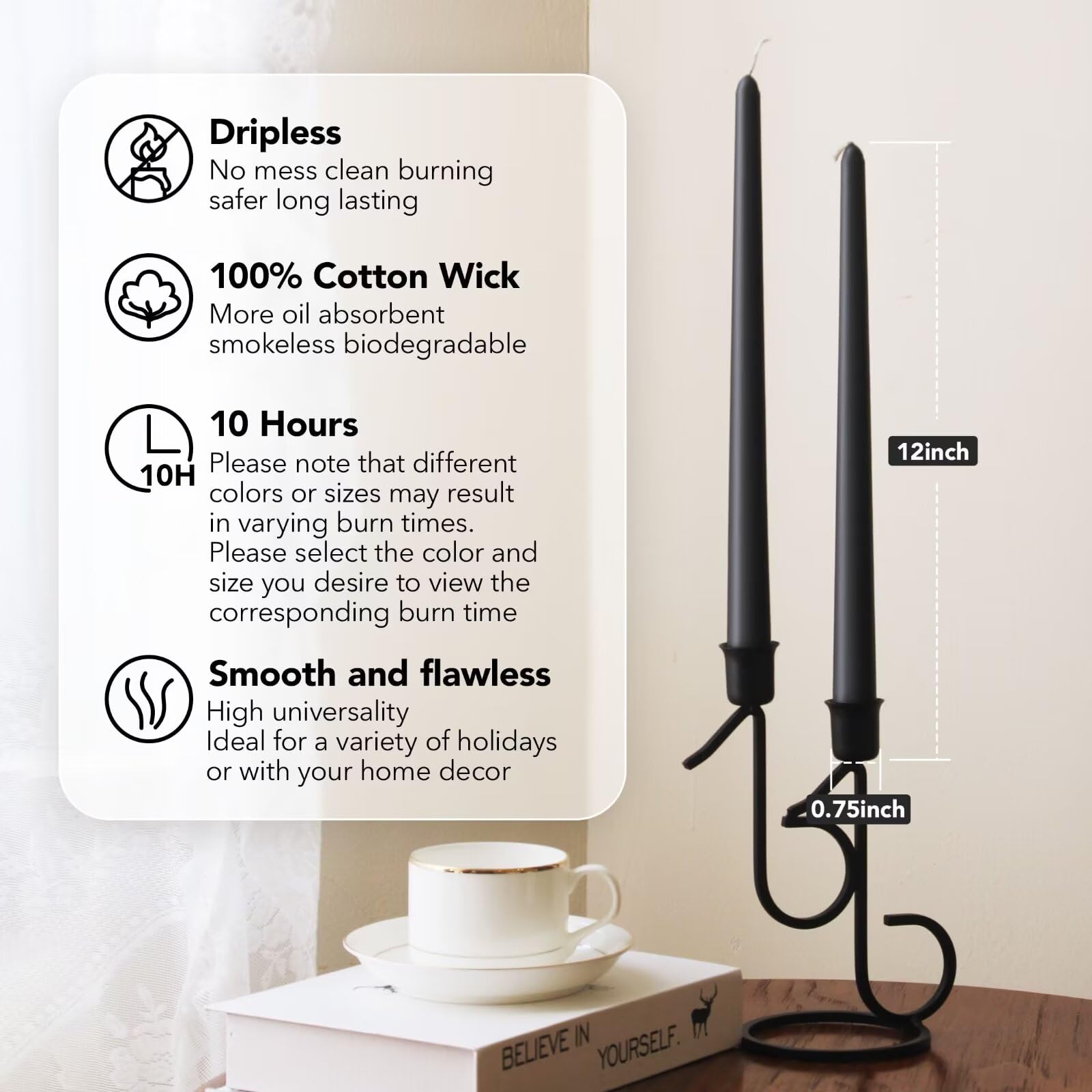 Pickood 12-Inch Tall Dripless Taper Candles Set Of 4 - Black Tapered Candles, Perfect For Halloween - Smokeless, Unscented, Long