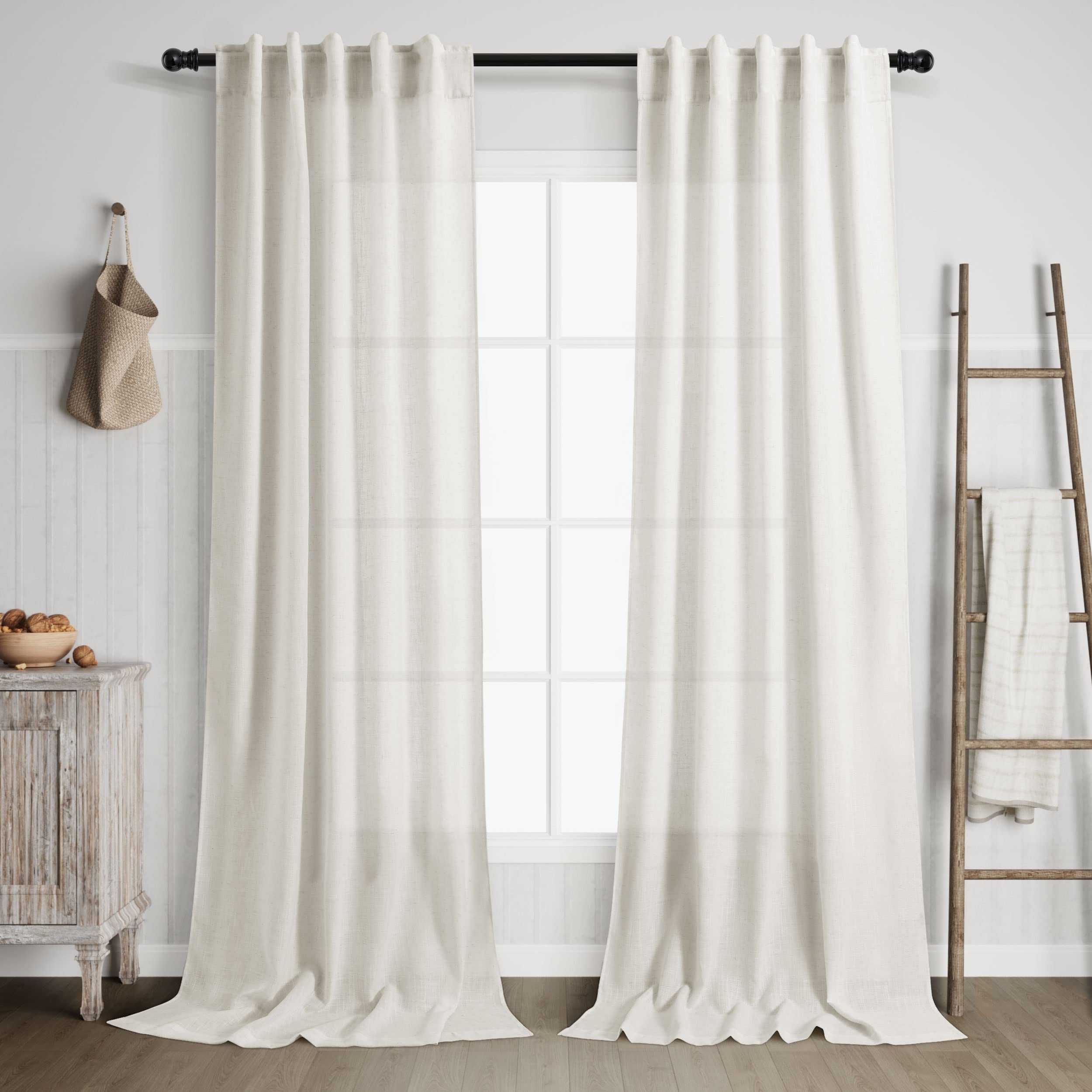 Nanspring 2 Panels Set Cream Linen Curtains 108 inches Long for Living Room Extra Back Tab Neutral Farmhouse Light Filtering Sem