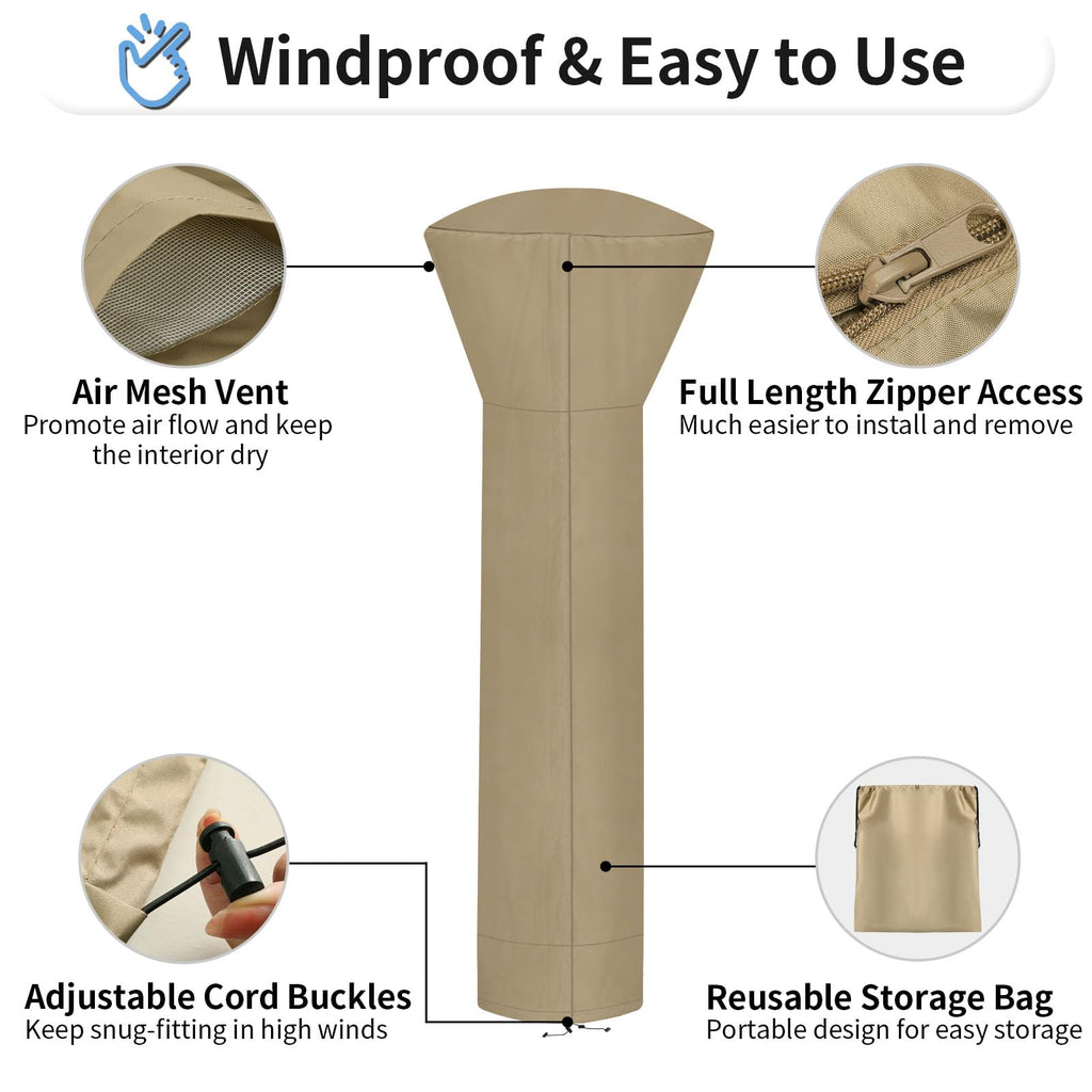 Outdoorlines Waterproof Outdoor Patio Heater Covers With Zipper And Storage Bag, Dust-Proof Uv-Resistant Windproof Propane Heavy Duty Heater Cover For Standing Heater, 1 Pack-89Hx33Dx19B Inch Camel