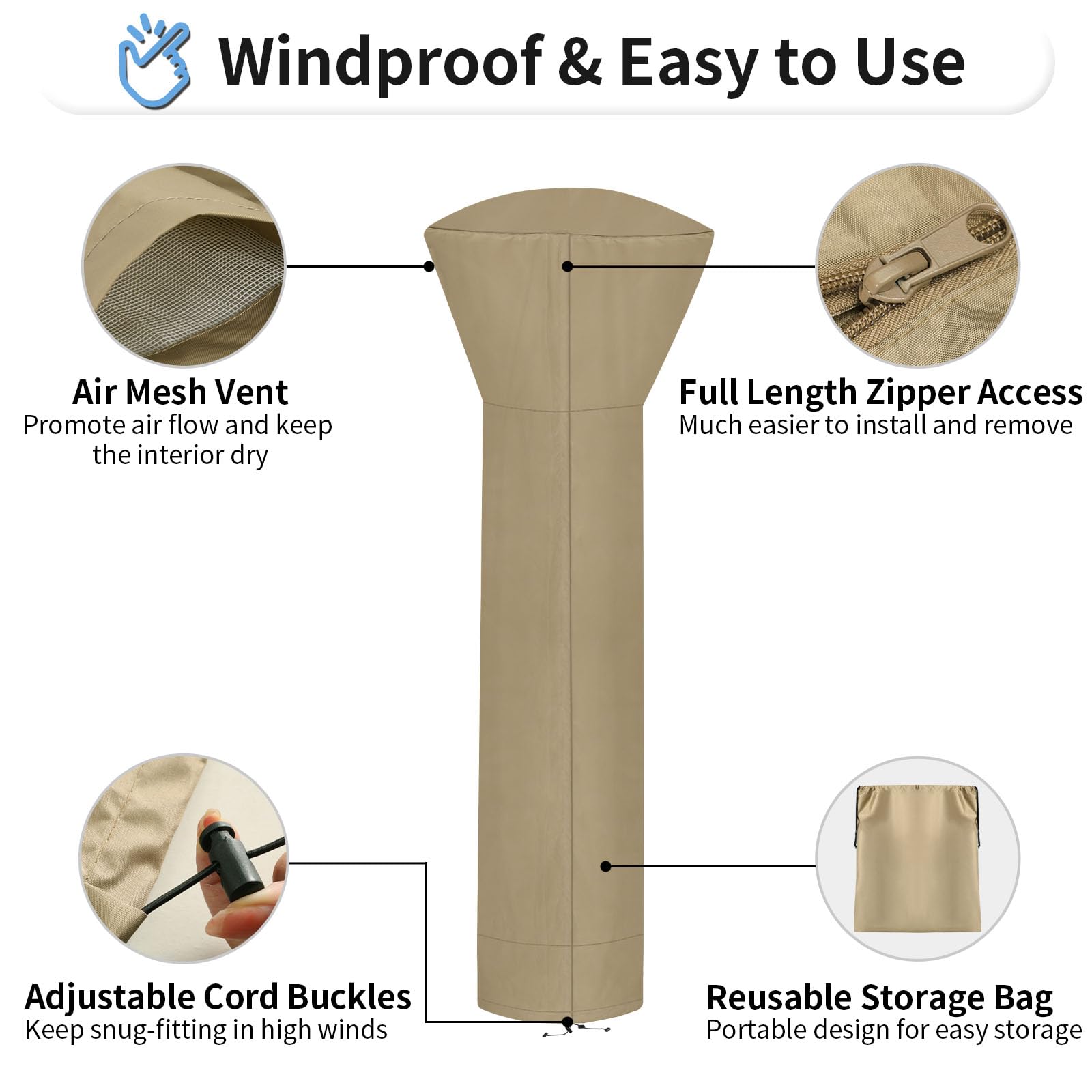 Outdoorlines Waterproof Outdoor Patio Heater Covers With Zipper And Storage Bag, Dust-Proof Uv-Resistant Windproof Propane Heavy Duty Heater Cover For Standing Heater, 1 Pack-89Hx33Dx19B Inch Camel