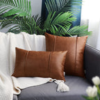 Brawarm Brown Leather Throw Pillow Covers 22 X 22 Inches - Faux Leather Pillow Cover With Piping, Hand Stitched Leather Throw Pi