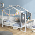 Komfott Twin House Bed With Desk, Wood Montessori Bed Frame With House Roof Canopy, 2 Drawers, Modern Playhouse Bed With Fence For Kids, Teens, Girls & Boys, No Box Spring Needed, White & Gray