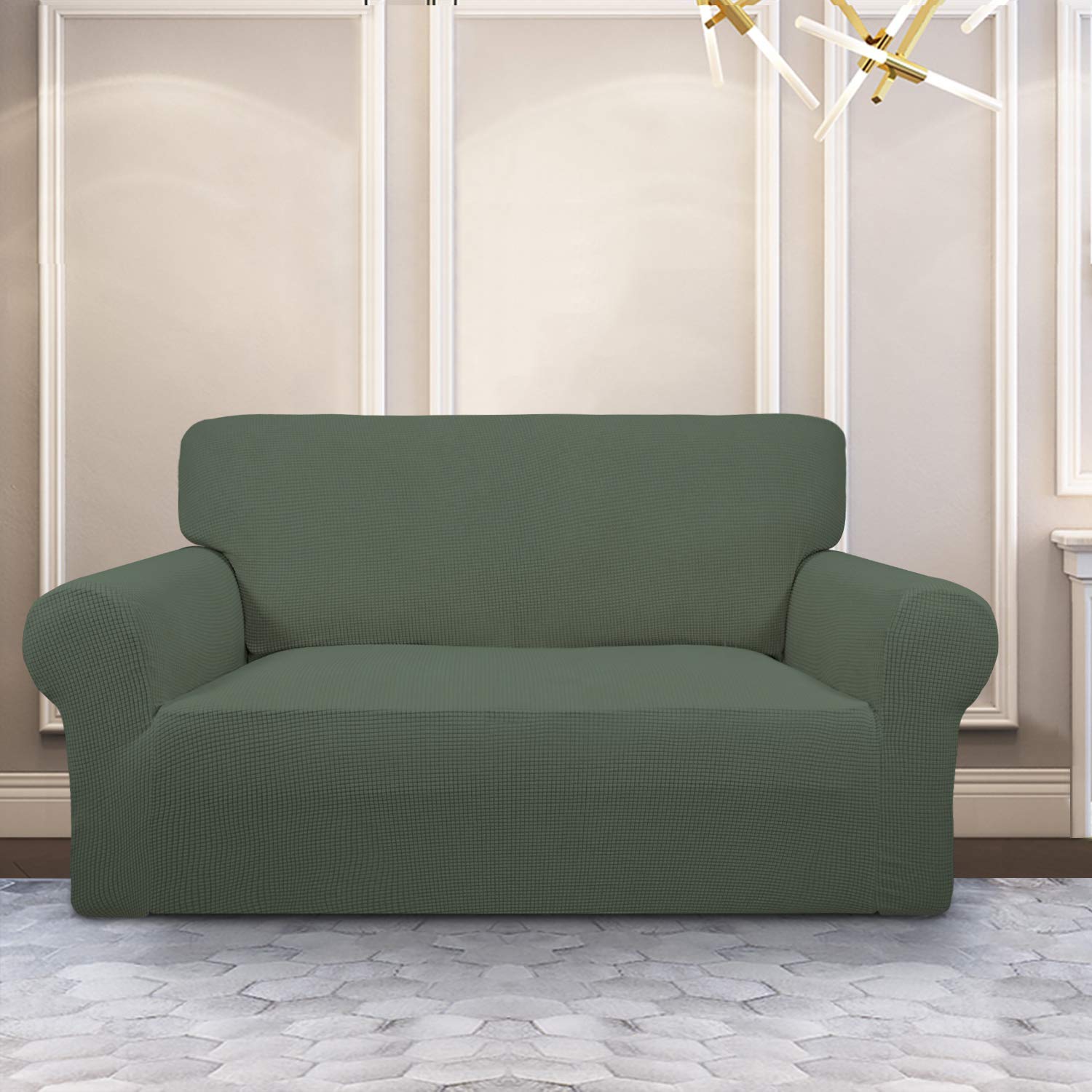 Purefit Stretch Loveseat Sofa Slipcover – Spandex Jacquard Non Slip Soft Couch Sofa Cover, Washable Furniture Protector With Non Skid Foam And Elastic Bottom For Kids (Loveseat, Greyish Green)