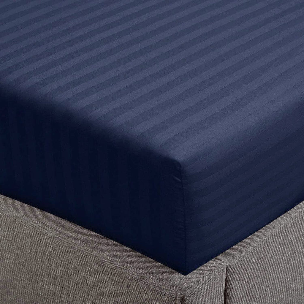 Feather & Stitch 100% Cotton 1 Piece Damask Stripe Full Fitted Sheet 500 Thread Count Dark Blue 18' Extra Deep Pocket Luxury Sateen Weave Stretchable Boxer Elastic Fits Mattress Perfectly
