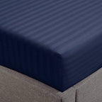 Feather & Stitch 100% Cotton 1 Piece Damask Stripe Full Fitted Sheet 500 Thread Count Dark Blue 18' Extra Deep Pocket Luxury Sateen Weave Stretchable Boxer Elastic Fits Mattress Perfectly
