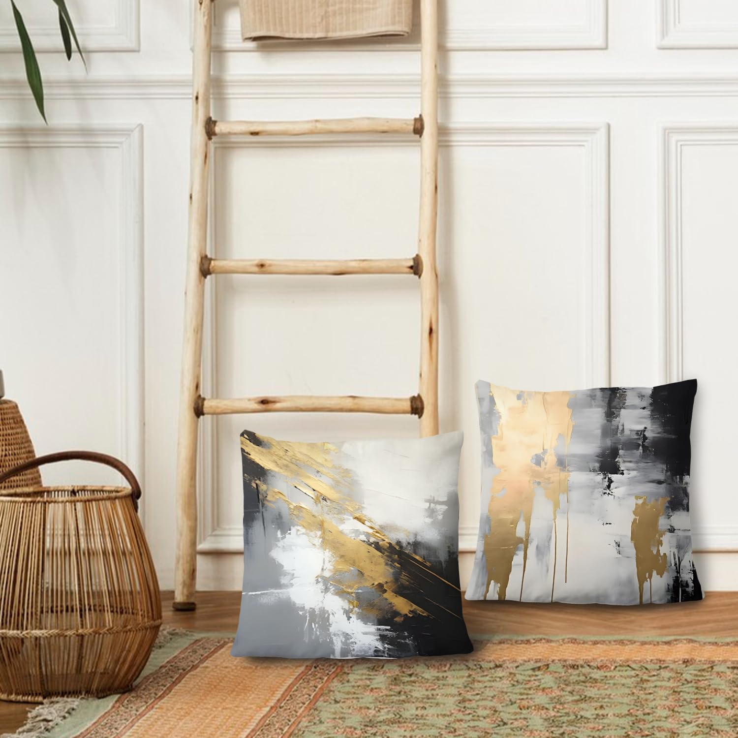 Supwhd Black And Gold Pillow Covers, Abstract White Black And Gold Pillow Covers 24X24 Set Of 2, Modern Black And White Pillow C