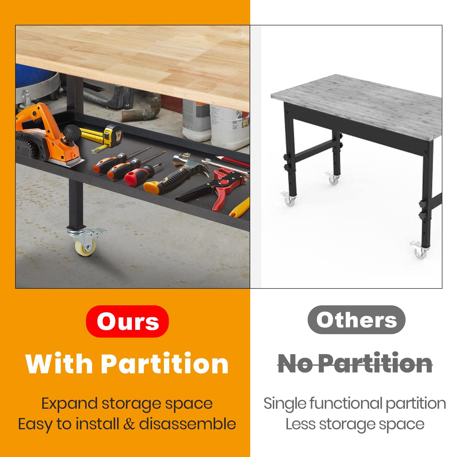 48'/60'' Adjustable Workbench, Rubber Wood Top Work Bench Heavy-Duty Work Table With Power Outlet, Wheels, Partition 2000 Lbs Load Capacity Hardwood Work Benches For Garage, Workshop, Home, Office