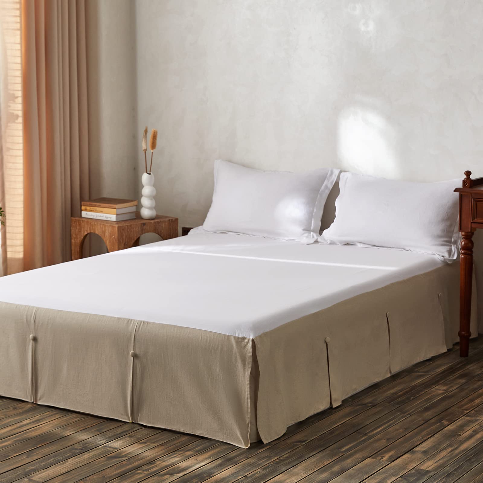 Biselina French Linen Bed Skirt Split Corner With Button 14-Inch Tailored Drop Natural Flax Cotton Blend Basic Dust Ruffle Soft