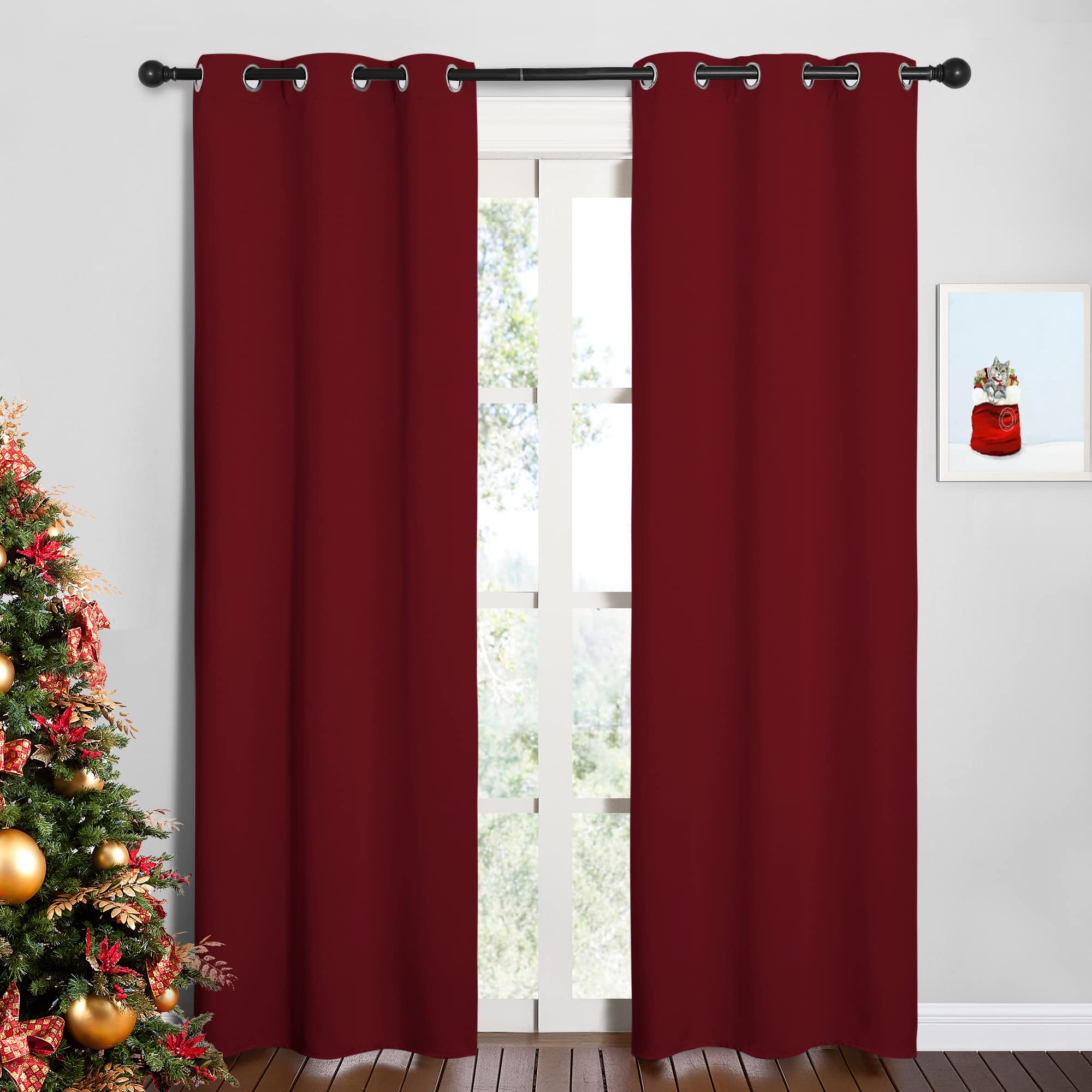 Nicetown Christmas Burgundy Bedroom Curtains Blackout Draperies, Christmas Decorations Thermal Insulated Solid Grommet Top Black