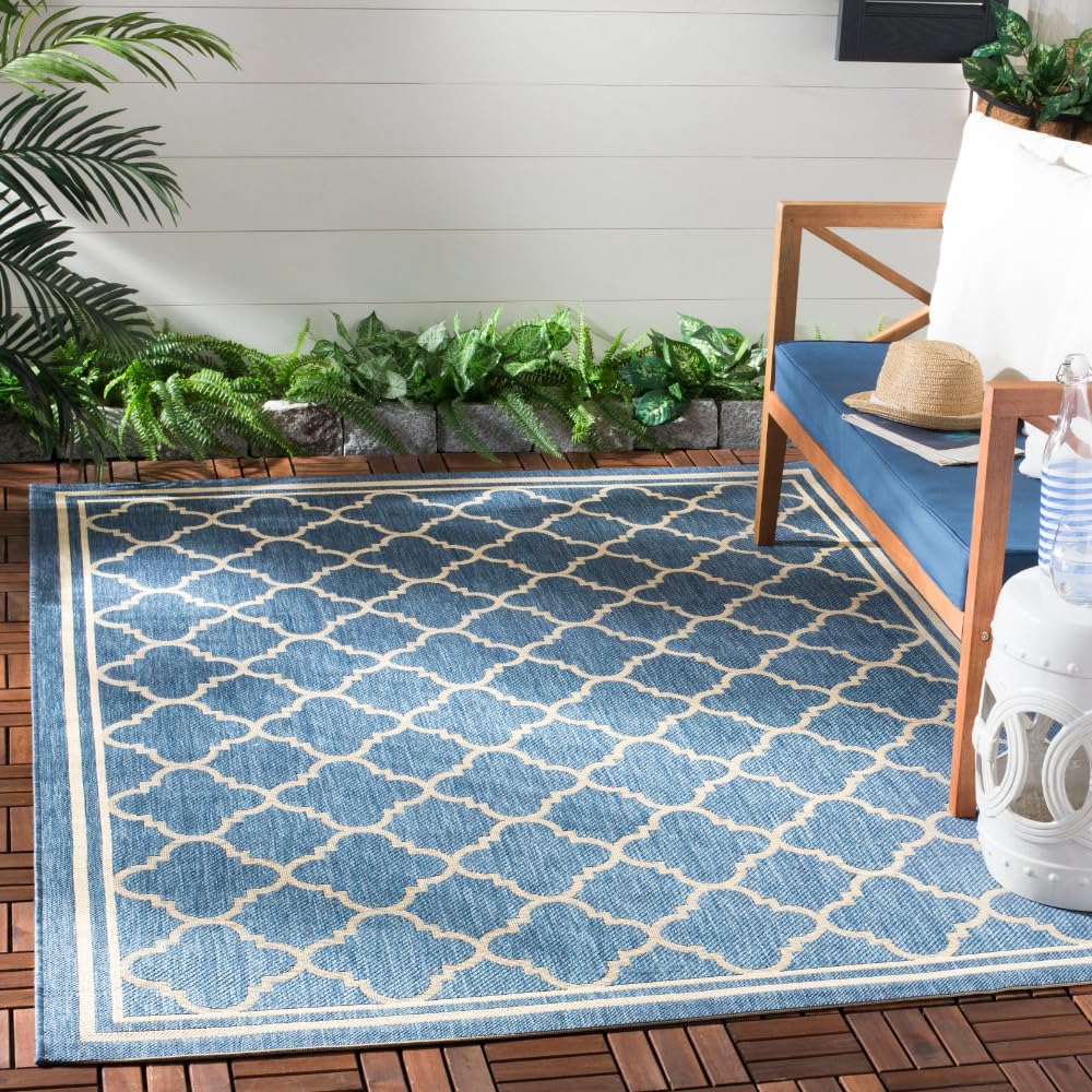 SAFAVIEH Courtyard Collection Accent Rug - 4 x 57, Blue & Beige, Trellis Design, Non-Shedding & Easy Care, Indoor/Outdoor & Wa