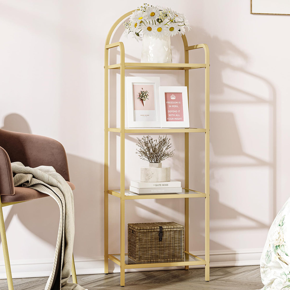 Hzuaneri Bookcase Bookshelf, Tempered Glass Bookshelves, Slim Shelving Unit For Bedroom, Bathroom, Home Office, Steel Frame, 4 Tier Gold Bc04001G