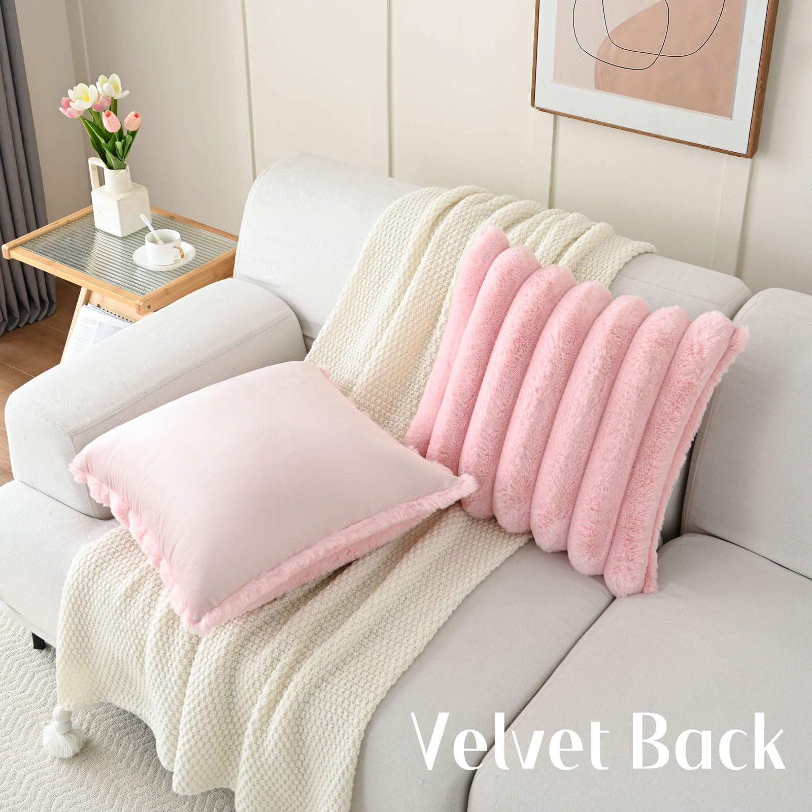 Futei Pink Decorative Throw Pillow Covers 16X16 Inch Set Of 2, Square Soft Faux Rabbit Fur Big Striped Cushion Cover,Home Decor
