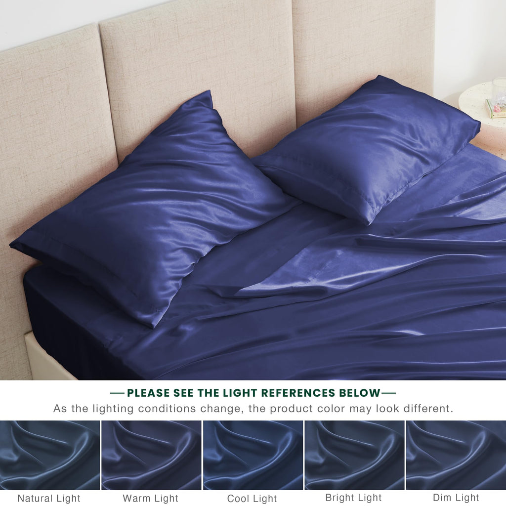 Love'S Cabin Satin Queen Sheets Set - 4 Piece Navy Blue Silky Satin Bed Sheets Queen Set With Deep Pocket, Luxury Silk Feel Sati