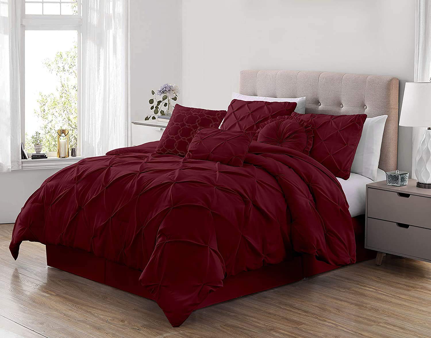 Chezmoi Collection Sydney 7-Piece Pinch Pleat Pintuck Bedding Comforter Set (Queen, Burgundy)