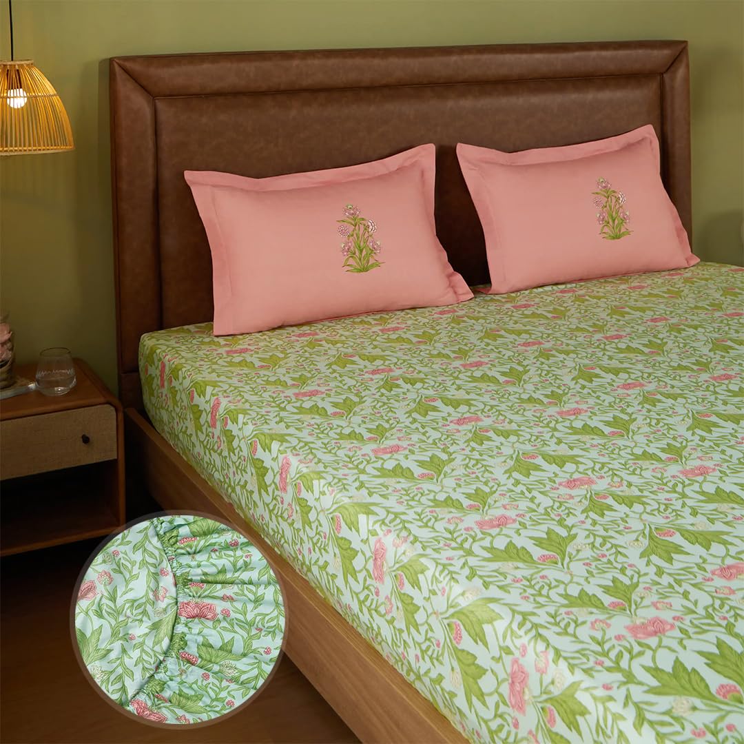 Livspace Bedsheet For Double Bed King Size | 78 X 72 Inches | Elastic Fitted Bedsheet With 2 Pillow Covers, 144 Tc, 100% Cotton,