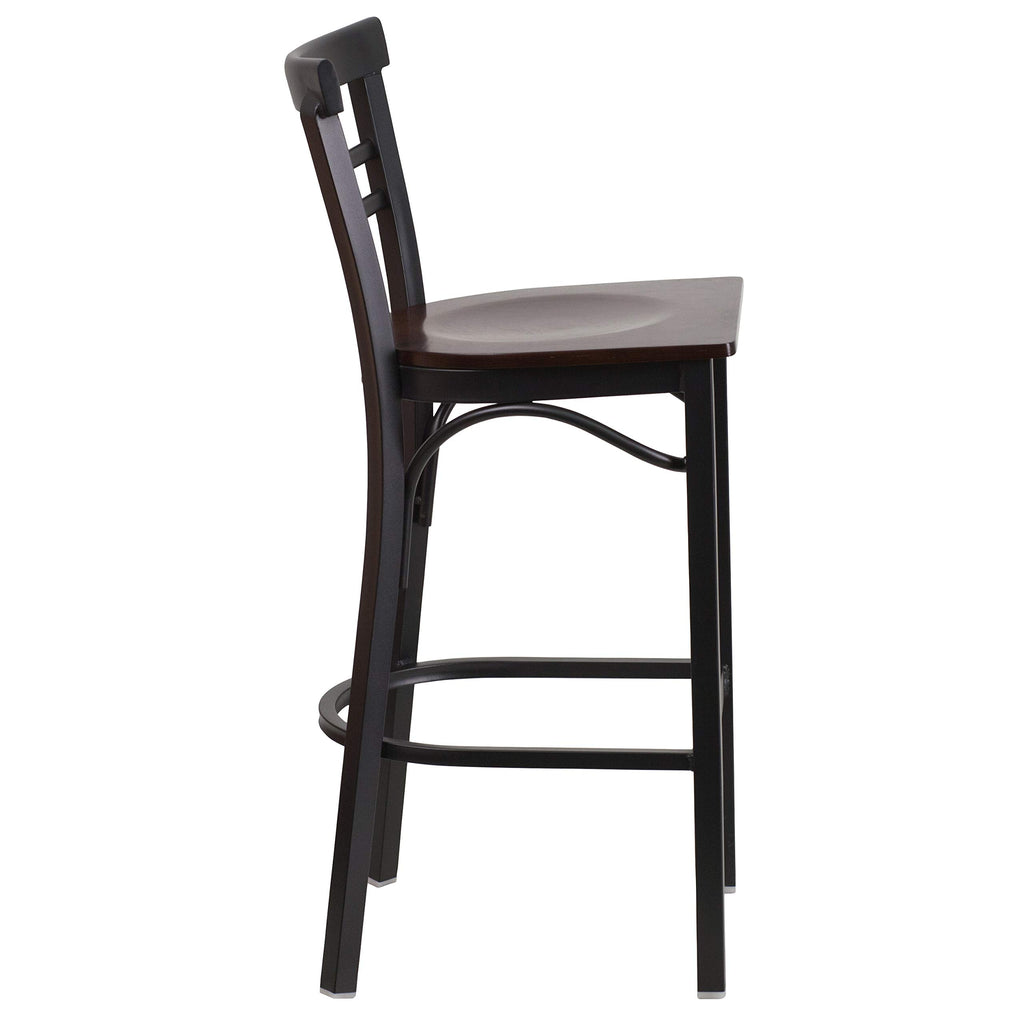 Flash Furniture HERCULES Series Black Two-Slat Ladder Back Metal Restaurant Barstool - Walnut Wood Seat