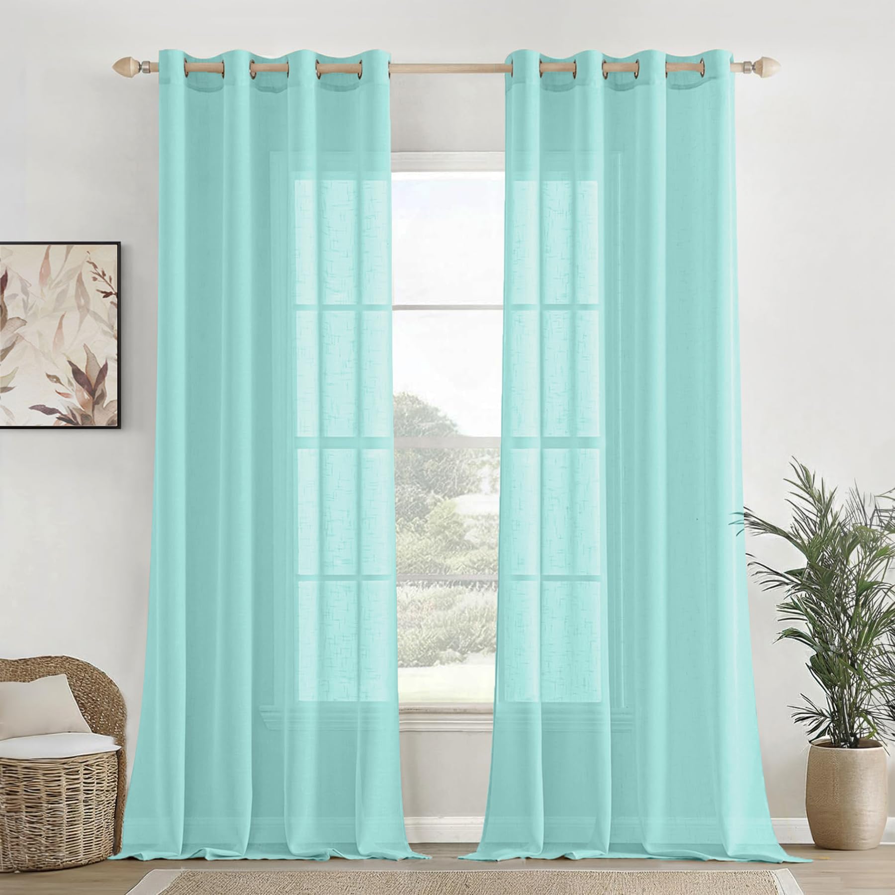 Homemonde Transparent Sheer Cotton Set Of 6 Texture Eyelet Curtains 9 Feet Long Door Panels Solid Drapes, Celeste  108 Inches
