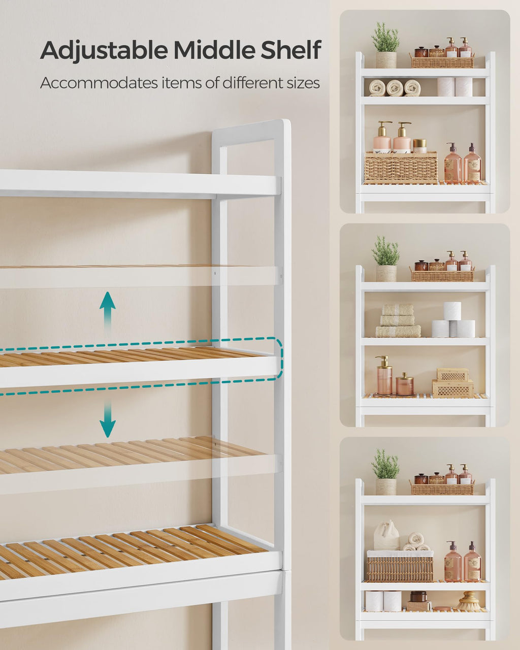 Songmics Over The Toilet Storage, 3-Tier Over Toilet Bathroom Organizer With Adjustable Shelf, Fit Most Toilets, Space-Saving, Cloud White And Natural Beige Ubts001W02