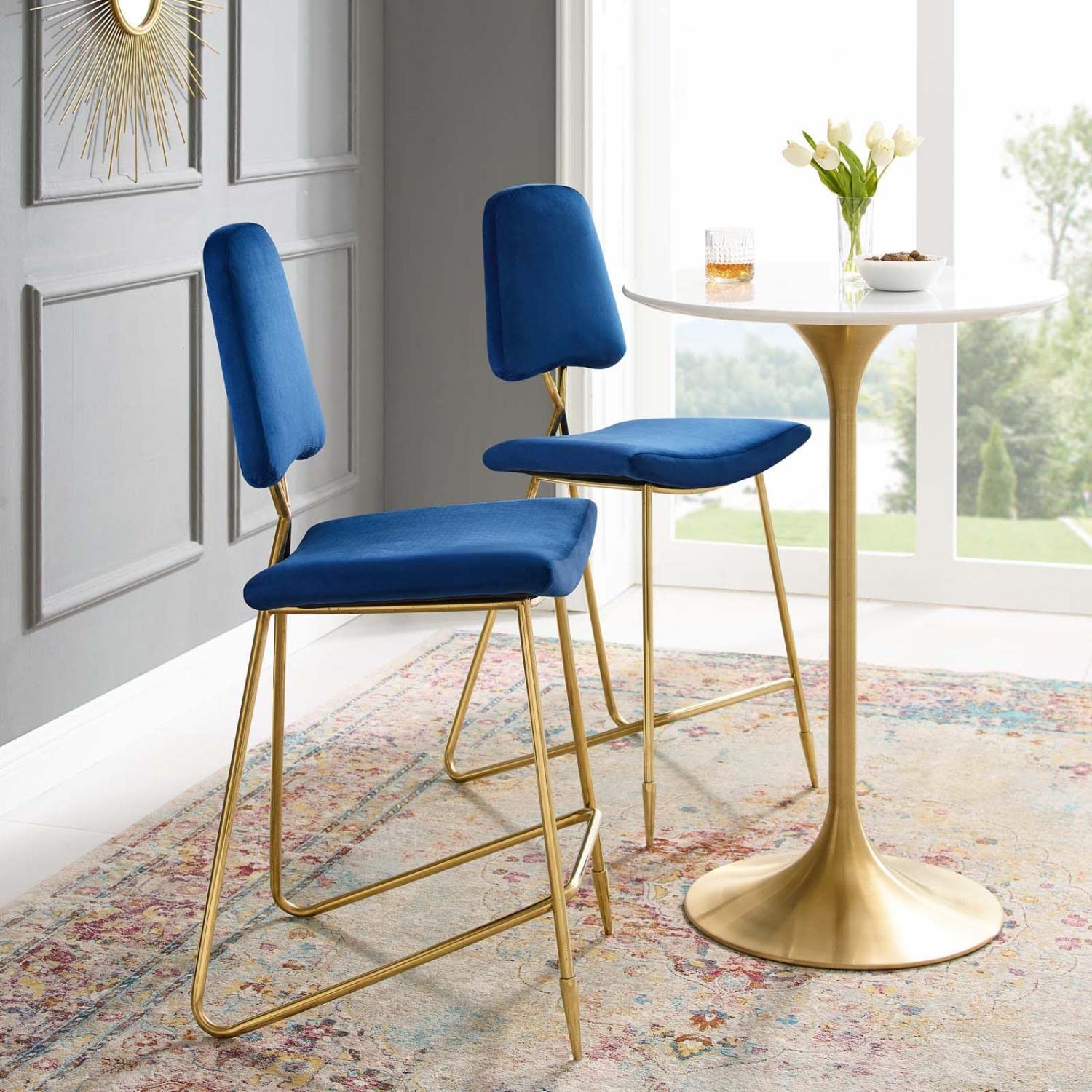 Modway Ponder Bar Stool Performance Velvet Set of 2 in Navy
