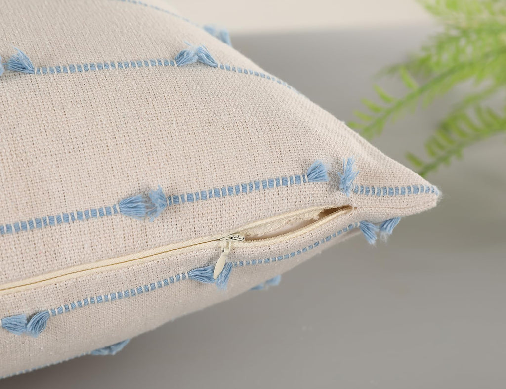 Nuyecy Set Of 2 Boho Throw Pillow Covers 30X30,Light Blue And White Neutral Couch Pillow Case With Tassel Fringe Decorative,Mode