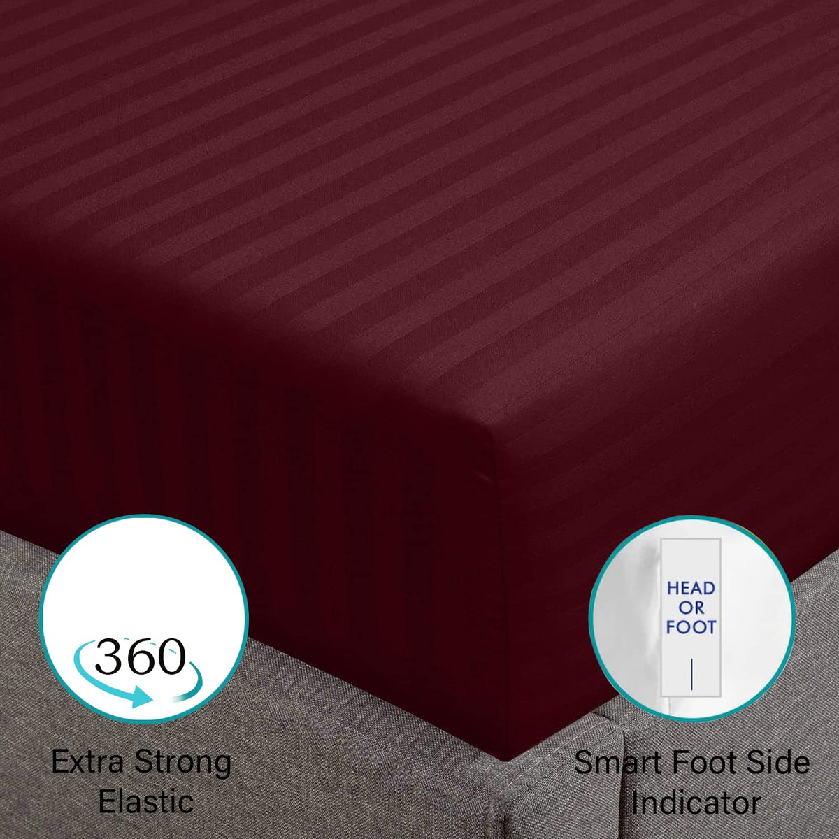 Feather & Stitch 100% Cotton 1 Piece Damask Stripe California King Fitted Sheet 500 Thread Count Burgundy 18' Extra Deep Pocket Luxury Sateen Weave Stretchable Boxer Elastic Fits Mattress Perfectly