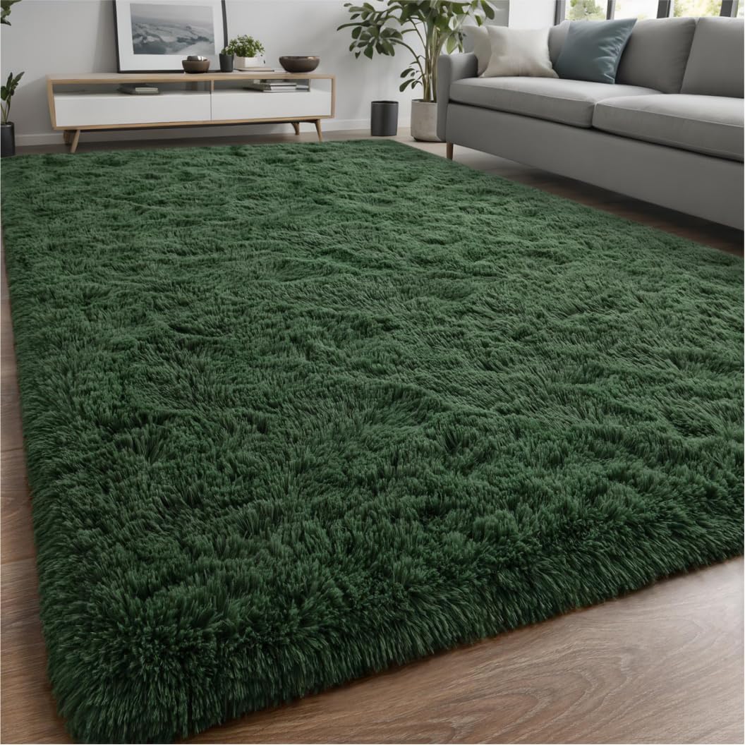 Larhom Fluffy Area Rugs For Living Room Bedroom, 5X8 Dark Green Ultra Soft Plush Fuzzy Rug, Anti-Skid Indoor Carpet Nursery Rugs