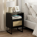 Masupu Extra Large Rattan Nightstand,Boho Night Stand Modern Farmhouse Wood Bedside Table with Storage Drawer and Open Shelf,Sid