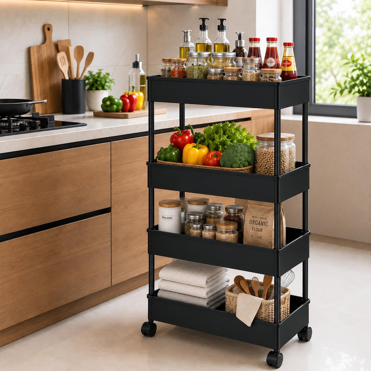Pulsbery 4 Layer Multipurpose Storage Rack With Wheels, Slim Rolling Organizer Trolley For Kitchen, Bathroom, Bedroom, Living Ro