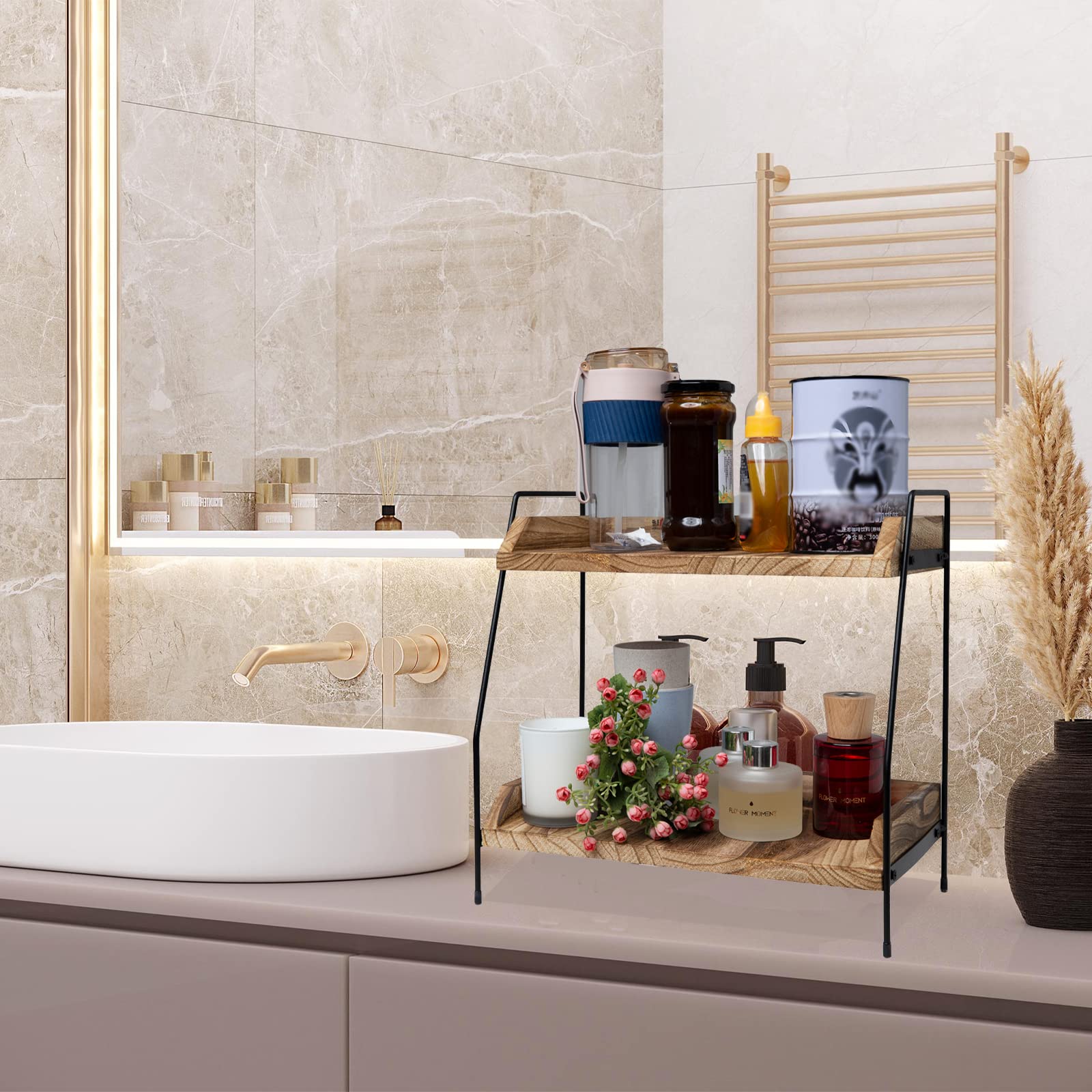 Quallon Coffee Bar Accessories And Organizer, Coffee Station Organizer 2 Tier Bathroom Counter Organizer, Wood Coffee Tray, Bath