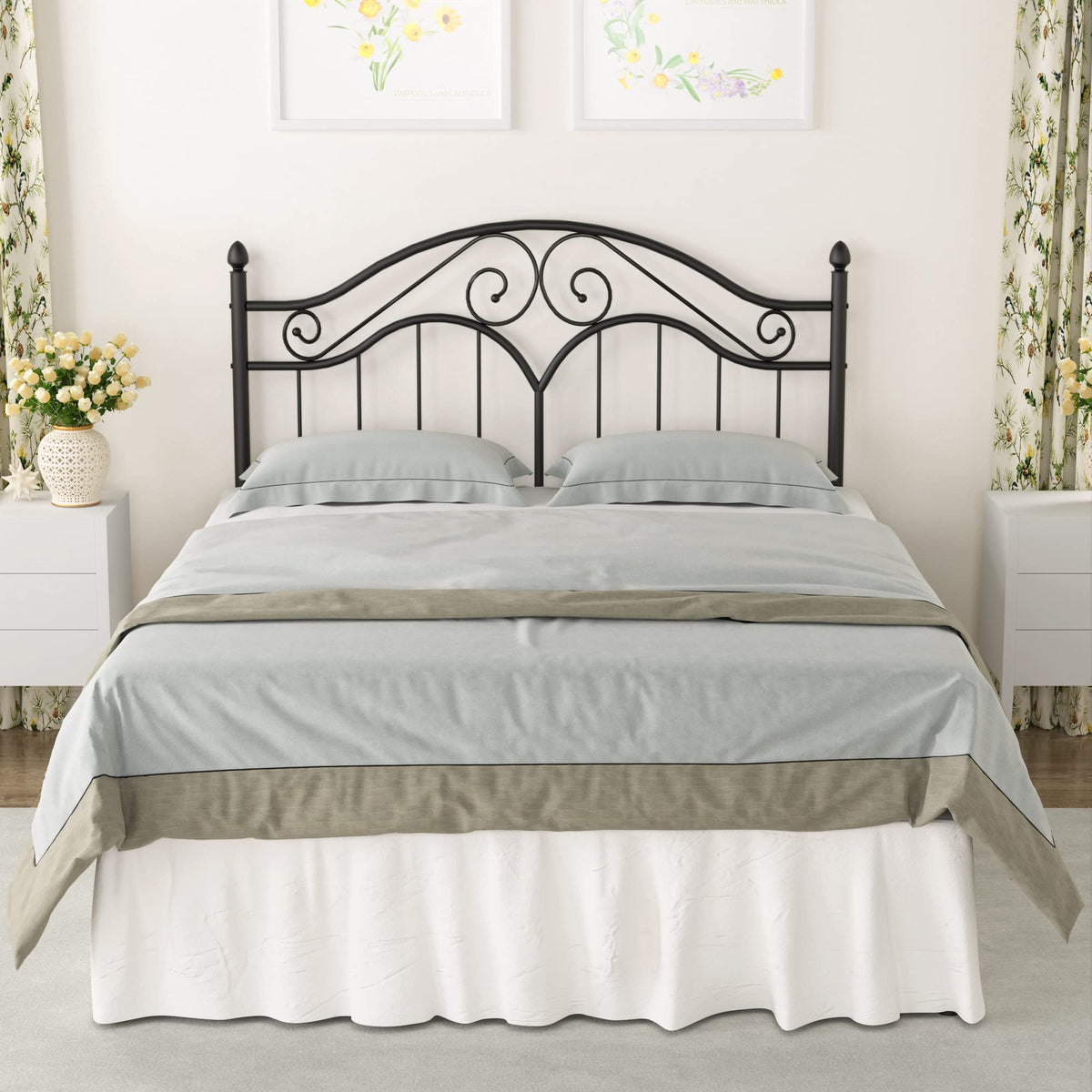 Elephance Queen Size Metal Bed Frame With Vintage Headboard,11 Inches Storage Space Platform Bed No Box Spring Needed Easy Assembly,Black