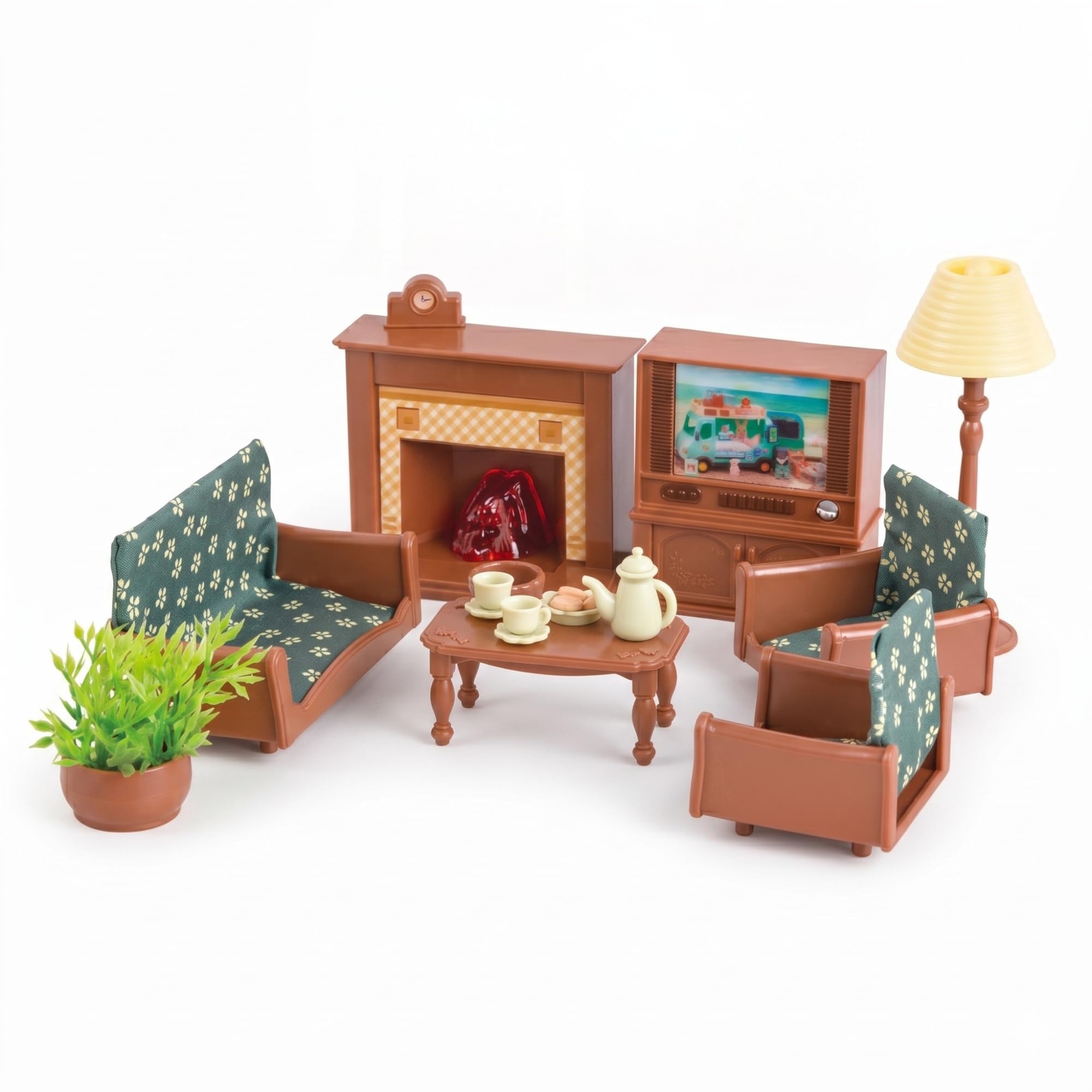 OLEOCA Family Deluxe Dollhouse Living Room Set - Sofa & Two Armchairs, Coffee Table, TV Stand, Fireplace, Floor Lamp, Plant & Te