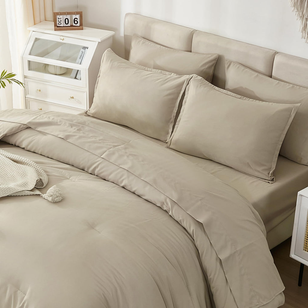 Litanika Comforter Queen Size Set Khaki - 7 Pieces Bed In A Bag Queen Beddding Comforter Sets, Plain Lightweight Bed Set With Co