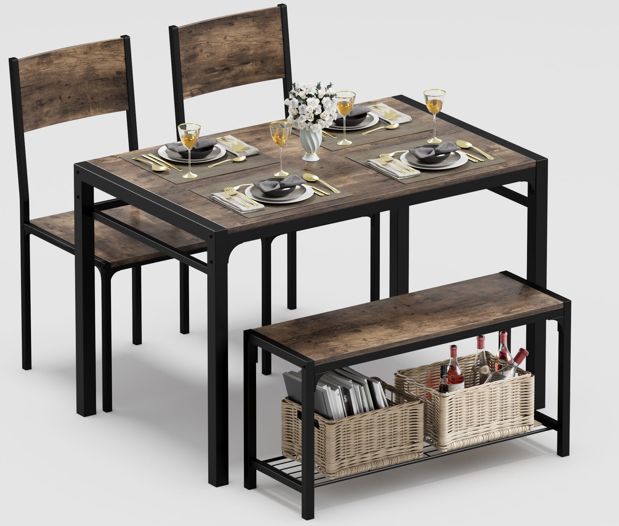 JUMMICO 43.3 Dining Table Set for 4, Kitchen Table with Bench & 2 Chairs Modern Rectangular Metal Frame Dining Furniture Set for