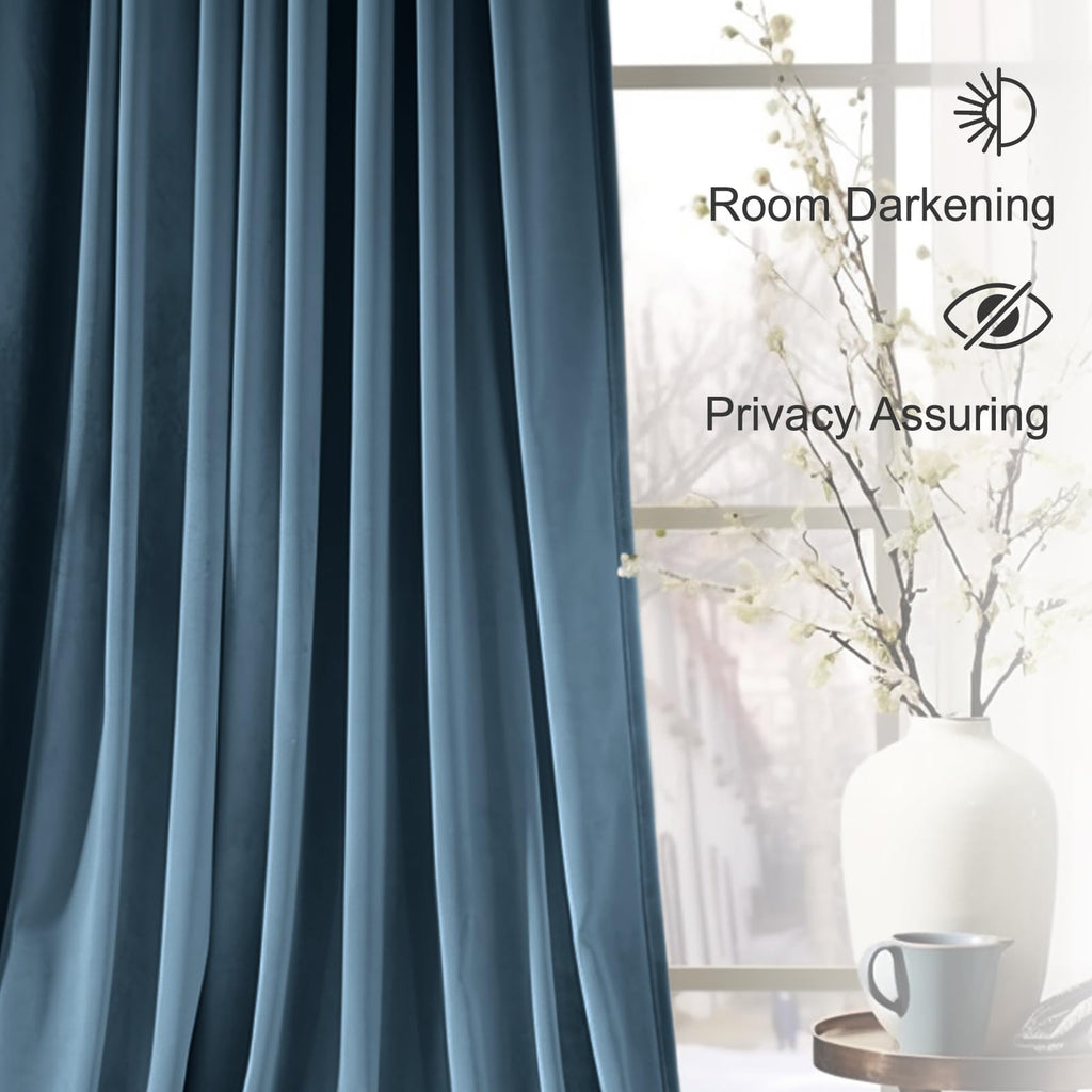 Lazzzy Blackout Velvet Curtains Blue Thermal Insulated Curtains 96 Inch Long Drapes For Bedroom Living Room Darkening Window Treatments Grommet Living Room Curtains Set Of 2 Panels Dark Slate