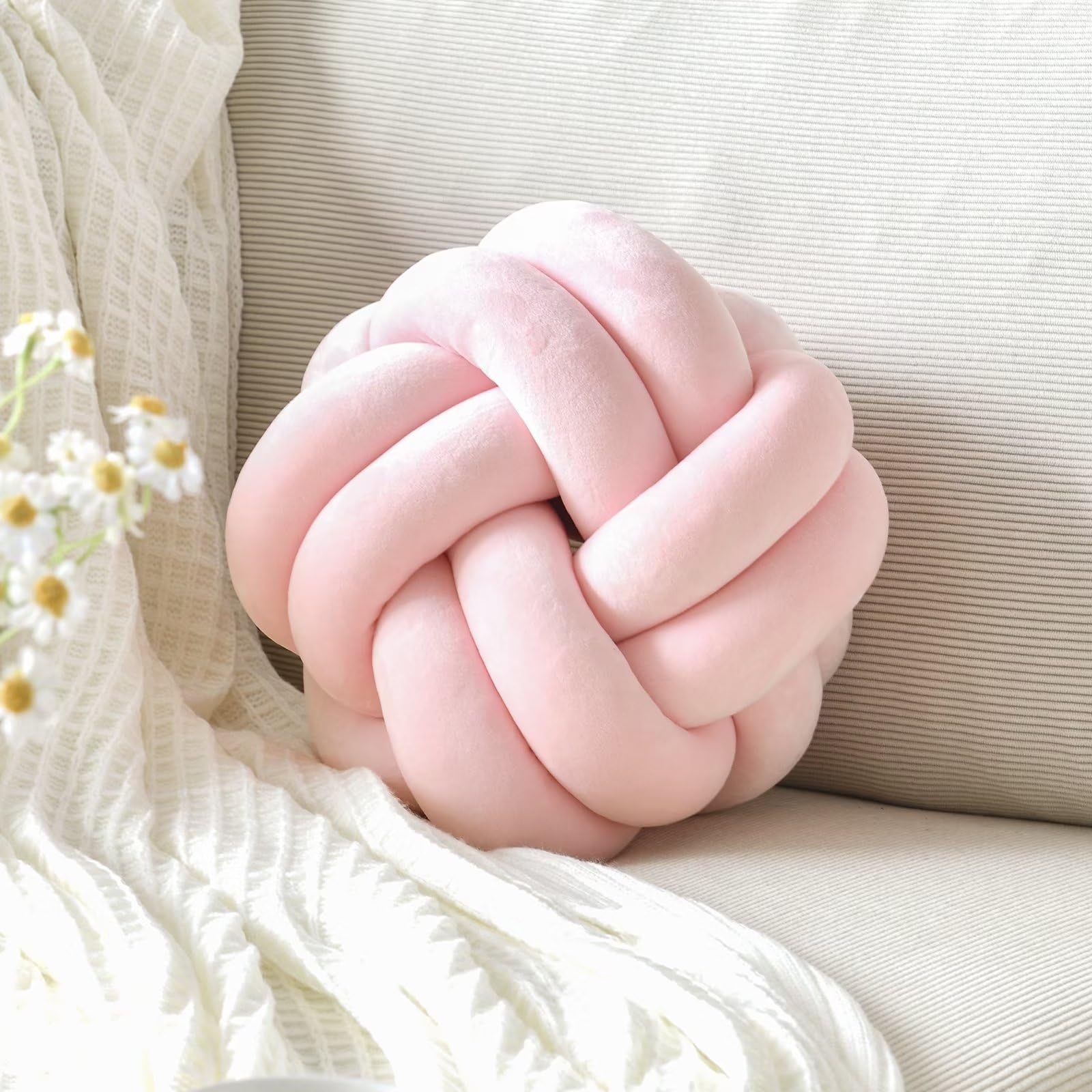 Vbgya Knot Pillow Ball, Soft Decorative Throw Pillows Cushion, 11 Inch Round Plush Knotted Pillows Light Pink Pillow, Modern Hom