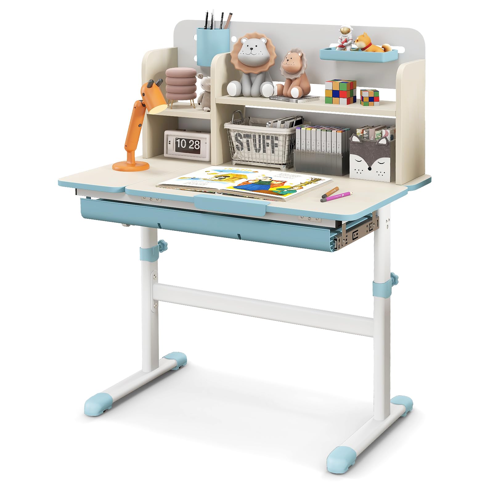 HONEY JOY Kids Desk, Children School Study Desk w/ 7-Level Tiltable Desktop, Height Adjustable Table w/Bookshelf, Pull-Out Drawe