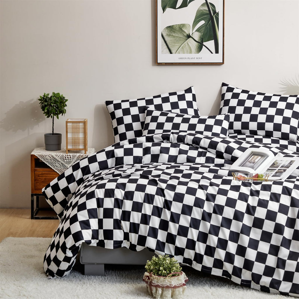 Clothknow Black White Plaid Full Comforter Set 3Pcs Grid Bedding Comforter Sets Black White Comforter Full Soft Black Checkered Full Size Comforter Sets