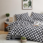Clothknow Black Plaid King Comforter Set 3Pcs Black White Grid Bedding Comforter Sets Checker Comforter Soft Black And White King Size Comforter Sets