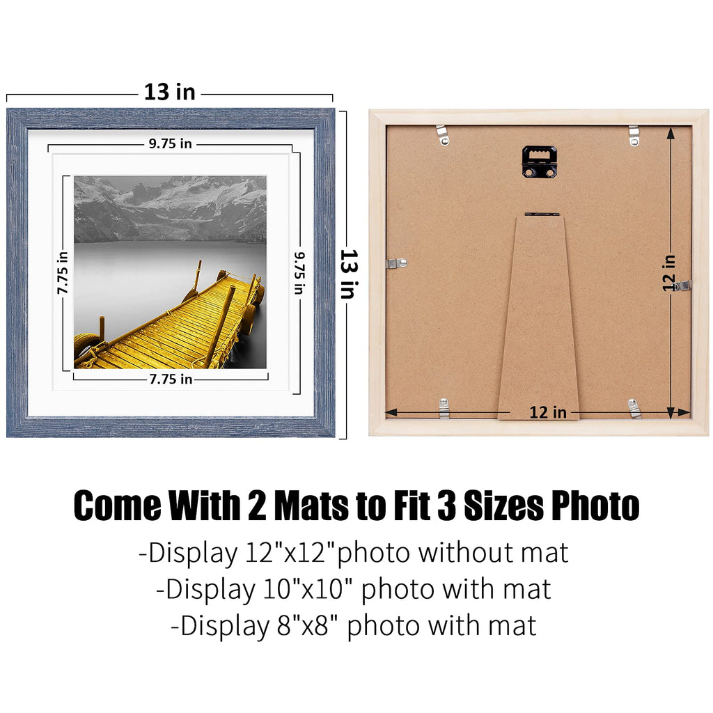 12X12 Picture Frames Wood Distressed Blue Display Pictures 10X10 Or 8X8 With Mat Or 12X12 Without Mat - 12X12 Inch Square Photo