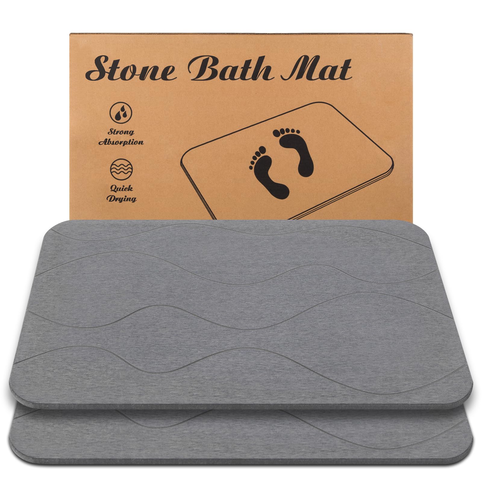 JIZEUO Stone Bath Mat, Diatomaceous Earth Shower Mat, Non-Slip Super Absorbent Quick Drying Bathroom Floor Mat, 2Pack,Grey, Patt
