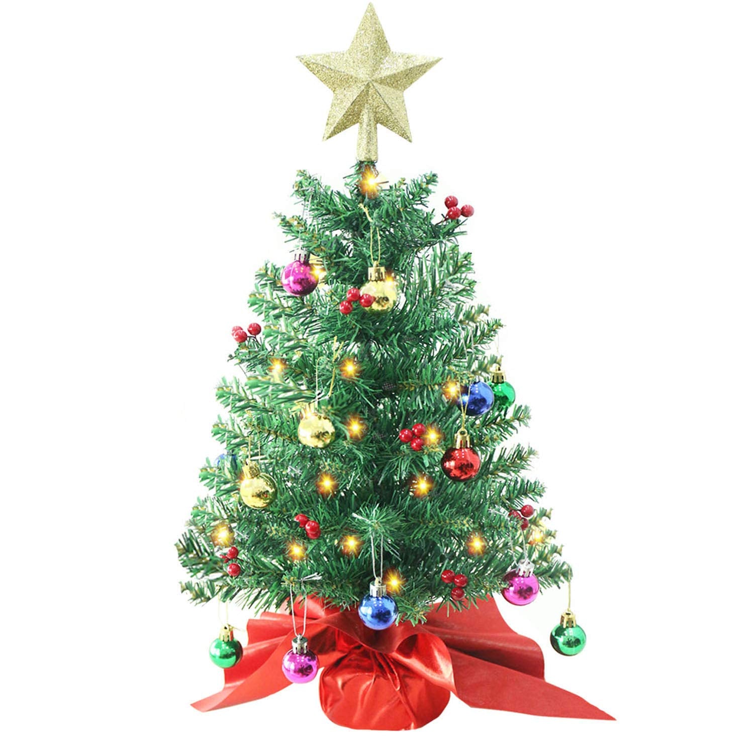 Liecho 24 Inch Tabletop Christmas Tree, Artificial Mini Xmas Pine Tree with LED String Lights and Ornaments,Christmas Decoration