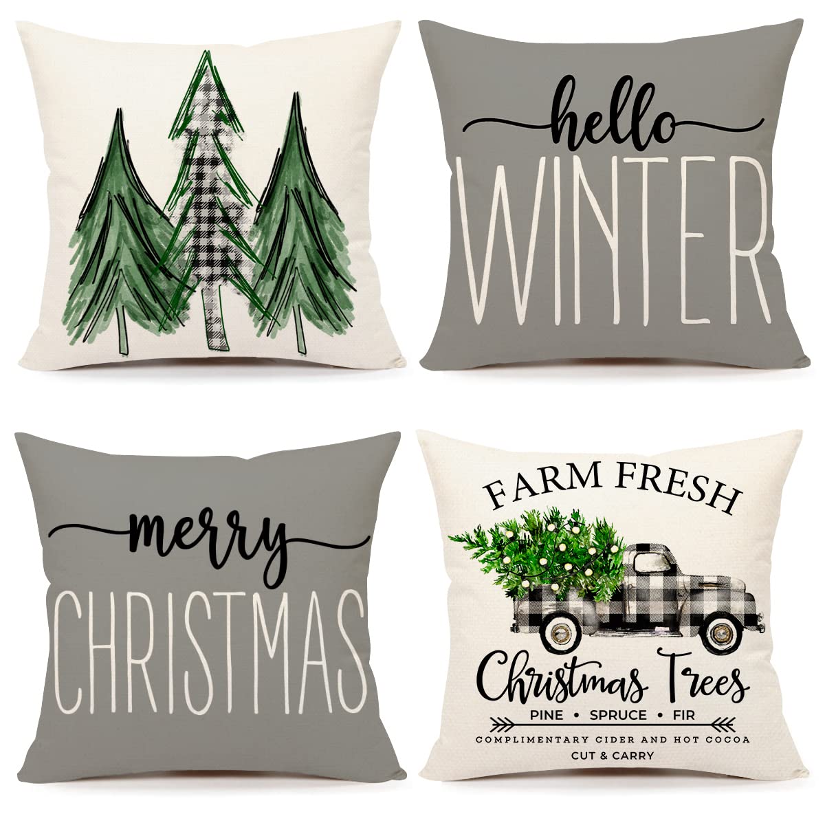4Th Emotion Gray Christmas Pillow Covers 18X18 Set Of 4 Farmhouse Christmas Decorations Merry Christmas Tree Truck Hello Winter
