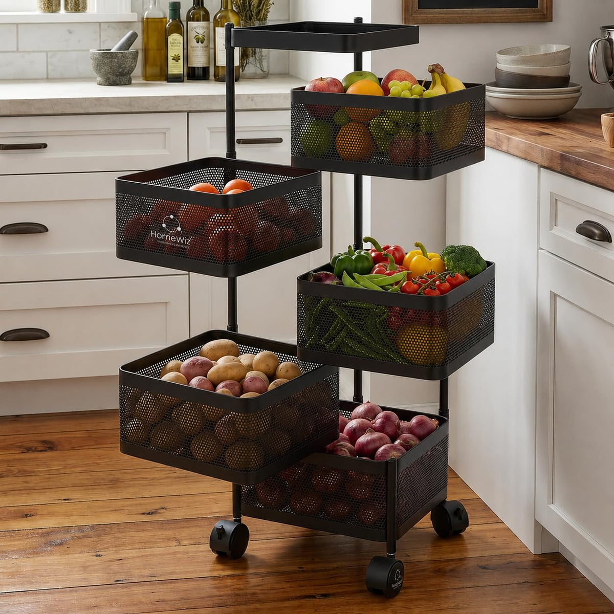Homewiz Square Kitchen Rack 5 Layer | Lifetime Usage Heavy Duty Steel Trolley | Kitchen Storage | Onion Potato Rack For Kitchen