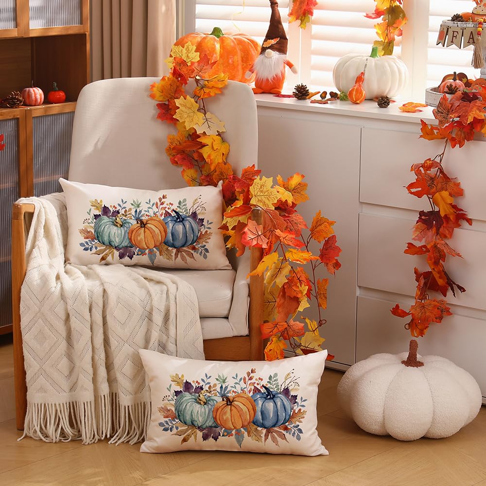 Dfxsz Fall Pillow Covers 12X20 Inch Fall Thanksgiving Orange Blue Green Pumpkin Maple Leaf Lumbar Pillow Covers Polyester Fall D