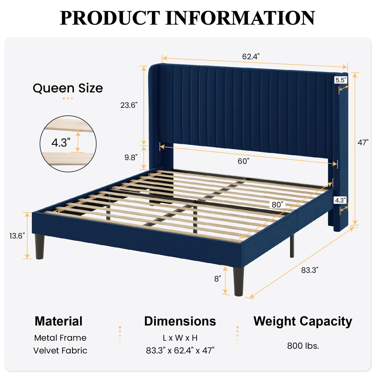 Sha Cerlin Queen Size Velvet Bed Frame With Vertical Channel Tufted Wingback Headboard, Upholstered Platform Bed With Wood Slats, No Box Spring Needed, Easy Assembly, Blue