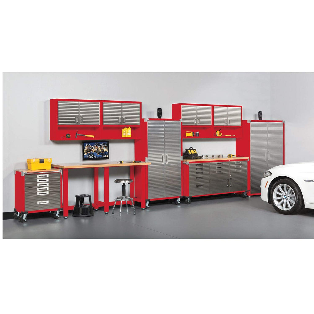 Seville Classics UltraHD 11-Drawer Rolling Cabinet Workbench Table Solid Wood Top Stainless Steel Red UHD20152B