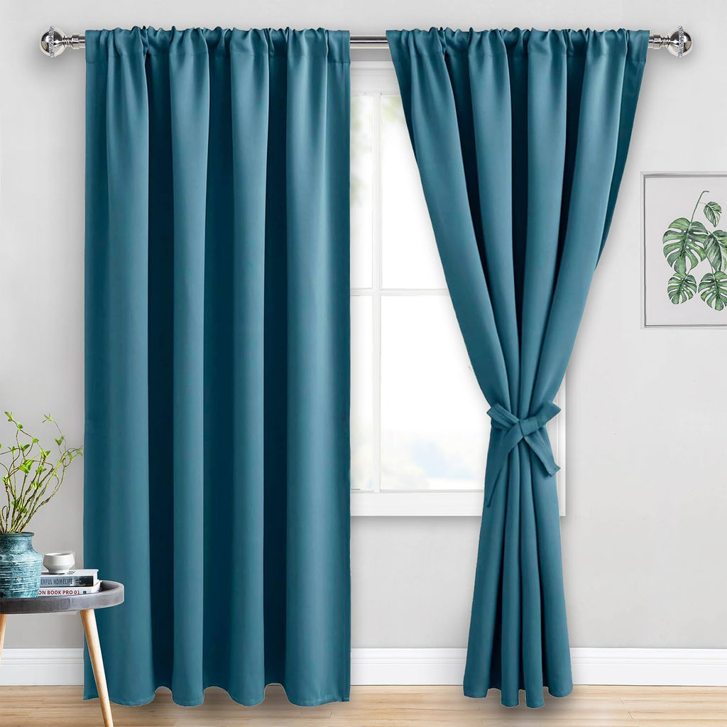 Jiuzhen Blackout Curtains For Bedroom - Thermal Insulated Room Darkening Rod Pocket Curtains For Living Room, Set Of 2 Panels With Tiebacks, 60 X 96 Inch Length, Stone Blue