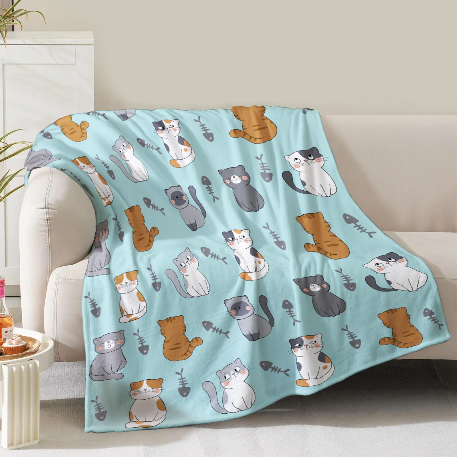 Cat Blanket Gifts For Women Girls Mom Mother'S Day Birthday Christmas Valentine Present Kawaii Kitten Fishbone Theme Decor Bedro